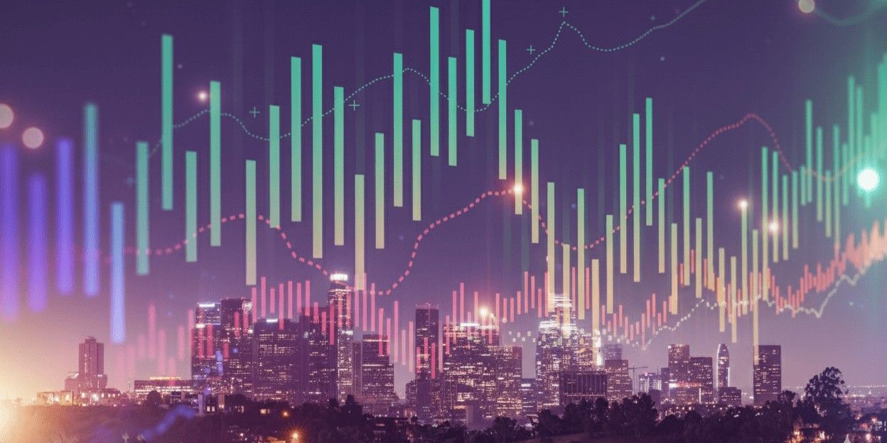 Imagem com uma cidade ao fundo e gráficos sinalizando investimentos, dinheiro, mercado financeiro, fundos imobiliários